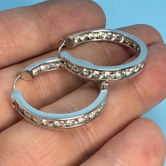 VTG Sterling Silver 925 Cubic Zirconia Channel Set Hoop Earrings Size 1'' Length - Picture 3 of 7